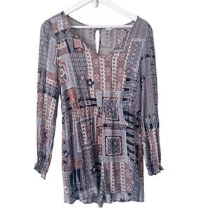 En Creme Romper Size M Blue Handkerchief Ikat Print Long Sleeve Shorts Bohemian